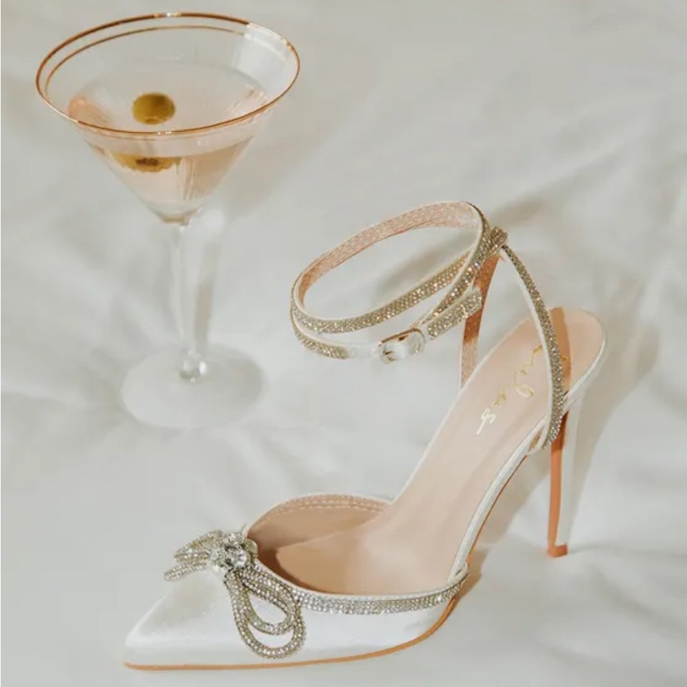 Lulus Lullie Ivory Satin Rhinestone Ankle Pointed-Toe Pump